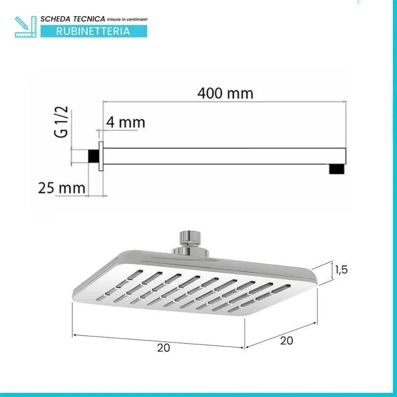 Set Soffione doccia 20 x 20 cm e braccio di 40 cm in finitura cromo anticalcare Hidra