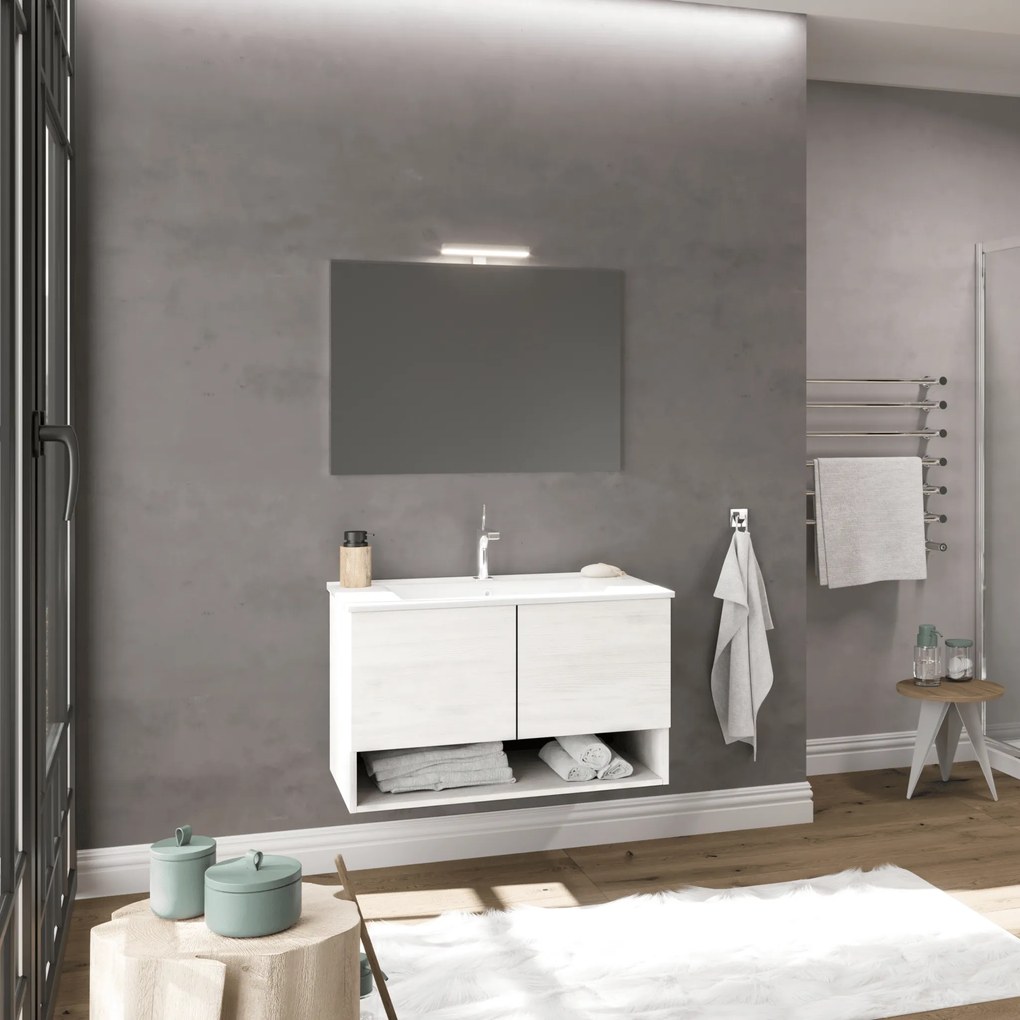 Mobile Bagno Sospeso 80 Cm Due Ante Con Vano a Giorno Specchio Con Lampada Led 80x60 Cm Savini Due "Oslo"