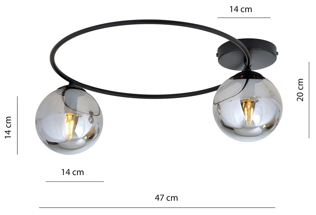 Plafoniera Minimal 2 Luci Perseo In Acciaio Nero E Sfere In Vetro Fumè