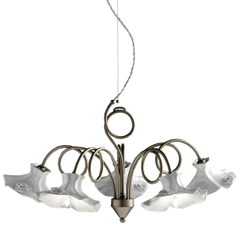 Lampadario Classico Lecco Metallo E Ceramica Argento Decorato 5 Luci E14