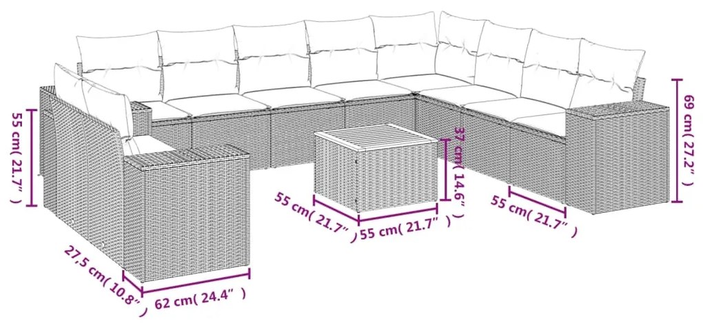 Set divani da giardino 11 pz con cuscini in polyrattan nero