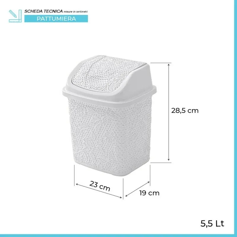 Pattumiera bagno in plastica bianca capienza 5,5 lt con coperchio basculante
