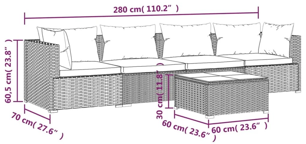 Set Divani da Giardino 5 pz con Cuscini in Polyrattan Nero