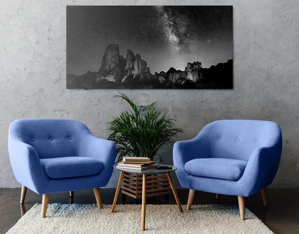 Stampa su tela – Cielo stellato sopra le rocce in bianco e nero