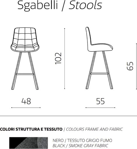 Sgabello da cucina in tessuto Grigio Fumo gambe metallo FRIEDIC Set 2 pz