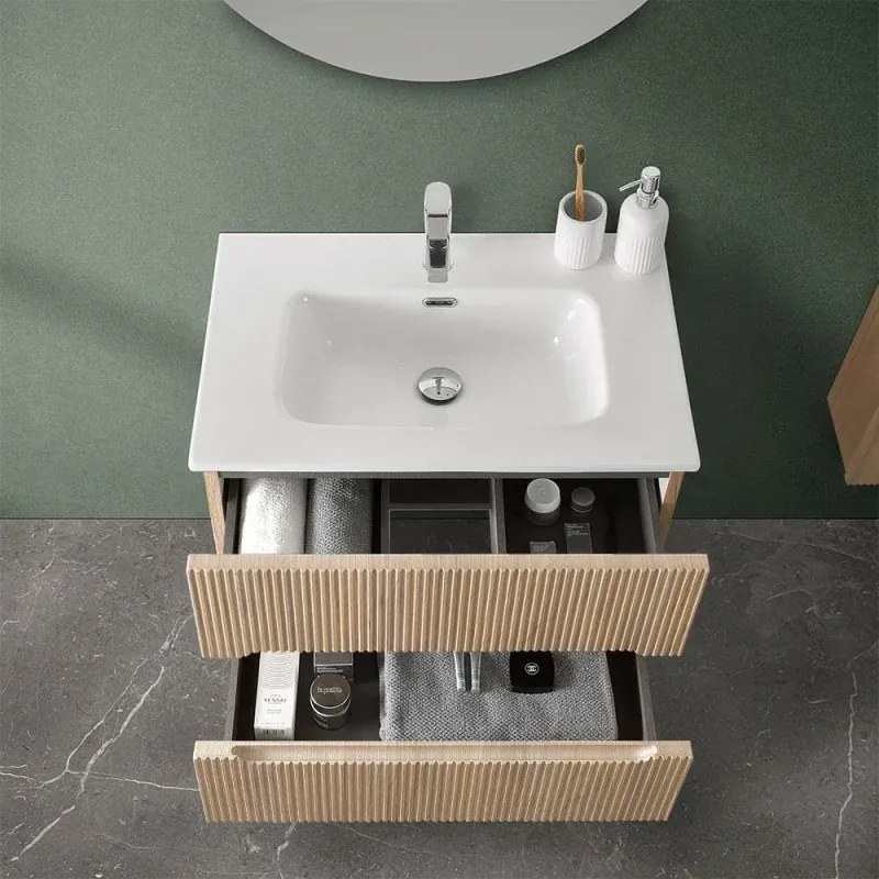 Mobile bagno sospeso cannettato 70 cm rovere chiaro con top Bali