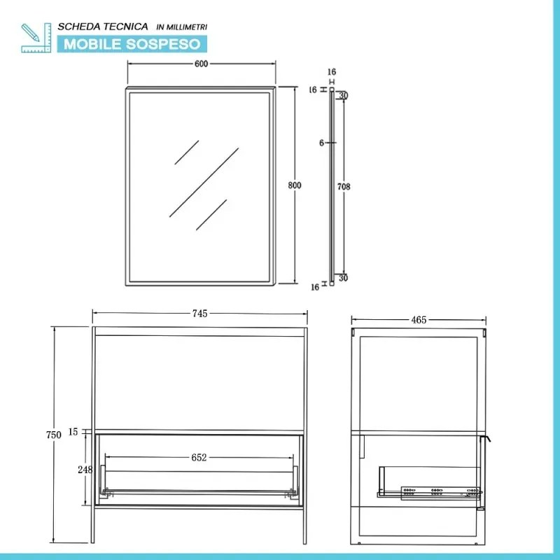Mobile bagno a terra 75 cm nero con lavabo verde e specchio Kubic