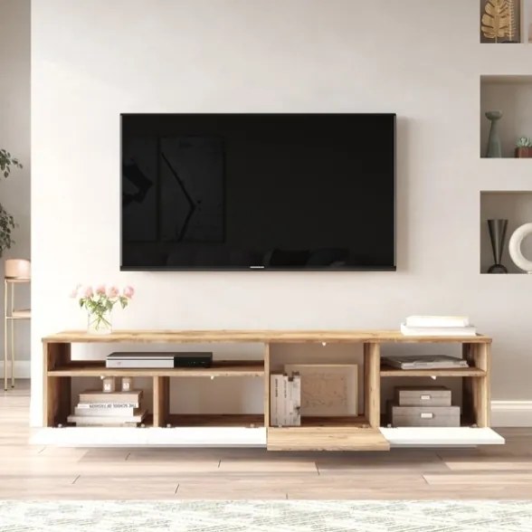 Mobile Porta Tv Da Terra 180x45x45 Bianco E Rovere Con Vani Force