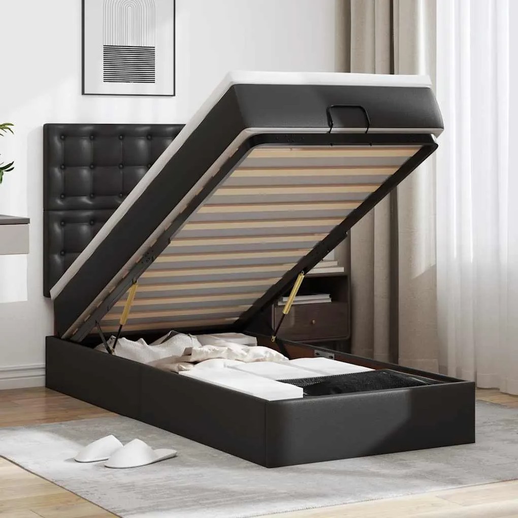Letto Pouf Con Materasso Nero 90x190 Cm Similpelle /