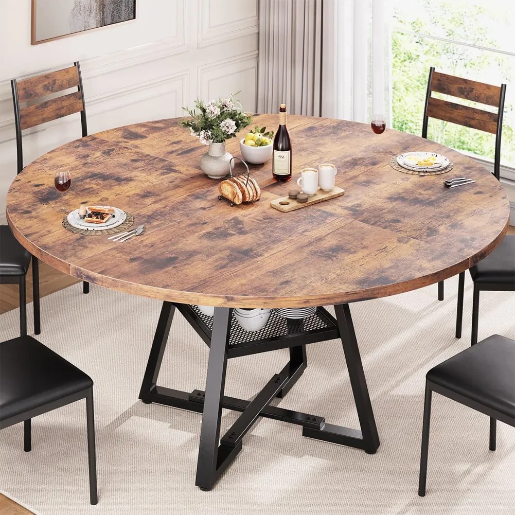 Tavolo per Sala da Pranzo Tondo Ø120 cm Stile Industrial con Ripiano Effetto Legno...
