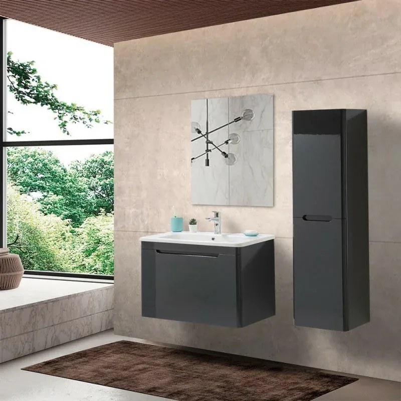 Mobile bagno sospeso 80 cm antracite lucido con specchio 70x90 Stillo
