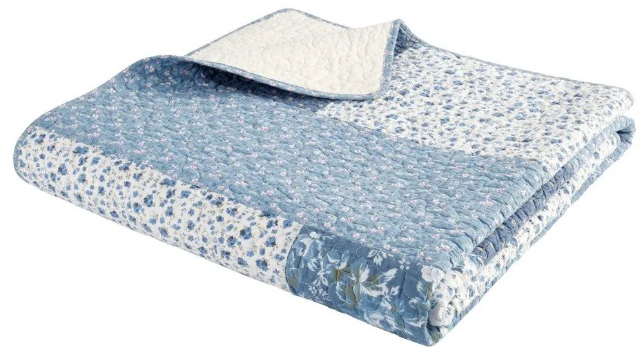 Copriletto trapuntato in cotone blu 220x230 cm Floral Patchwork - Bianca