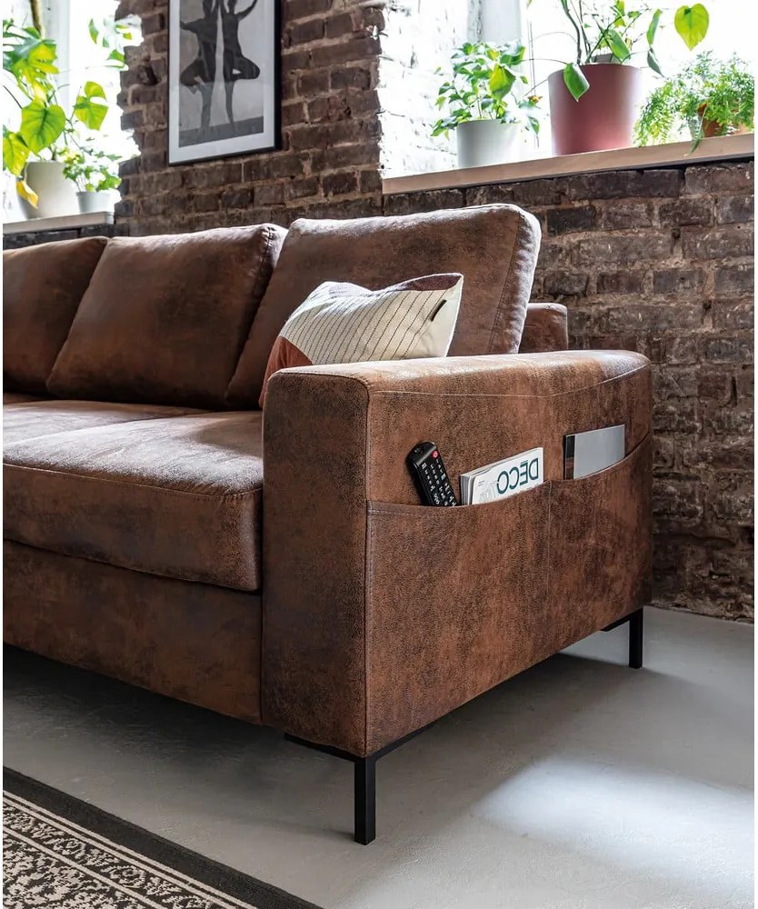 Divano letto vintage in similpelle marrone, angolo sinistro Lofty Lilly - Miuform