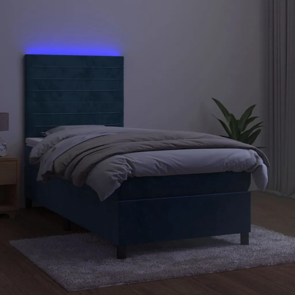 Letto a molle con materasso e led blu scuro 90x200cm in velluto