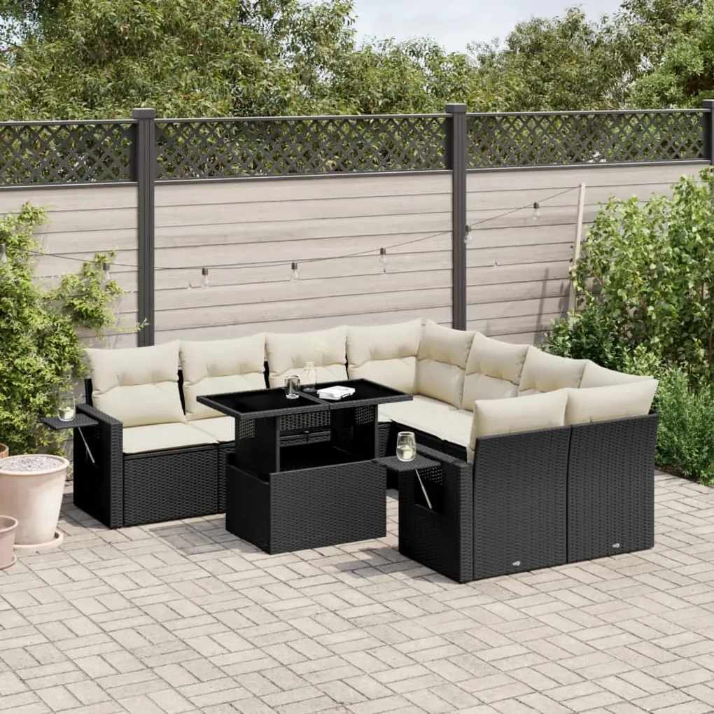 Set divani da giardino 9 pz con cuscini nero in polyrattan
