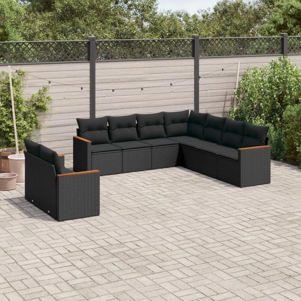 Set divani da giardino 9 pz con cuscini nero in polyrattan