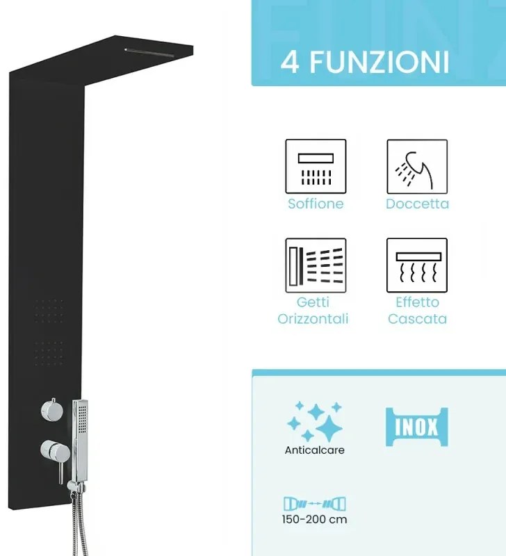 Colonna doccia multifunzione nero opaco con 4 getti in acciaio inox
