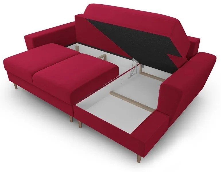 Divano angolare rosso allungabile e con contenitore (con penisola a destra/con chaise lounge) con rivestimento in velluto Kyoto – Cosmopolitan Design