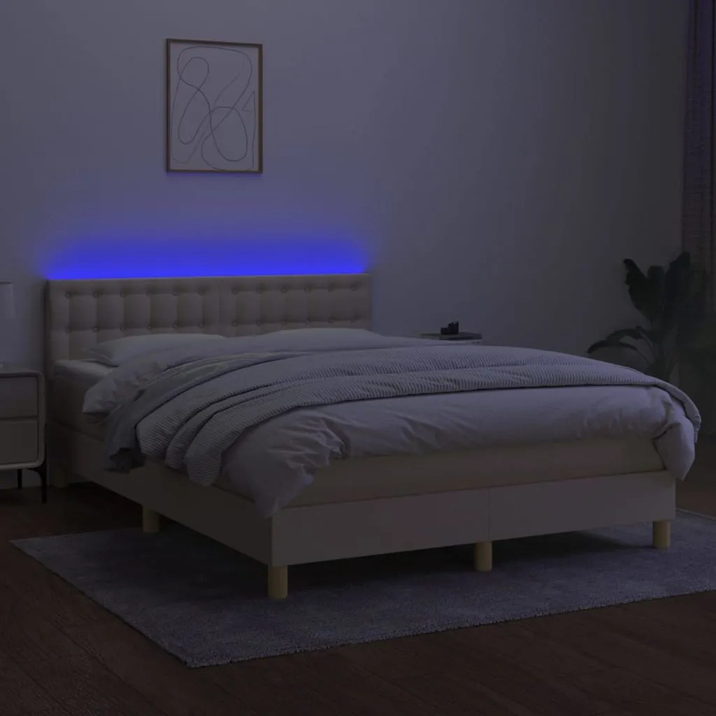 Letto a molle con materasso e led crema 140x190 cm in tessuto