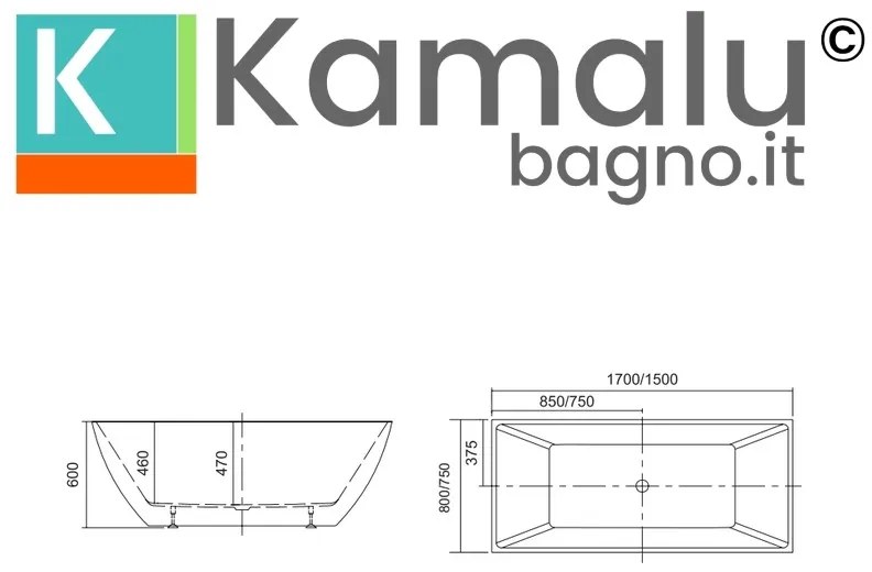Kamalu - Vasca da bagno 170x80cm installazione freestanding in acrilico | K15A