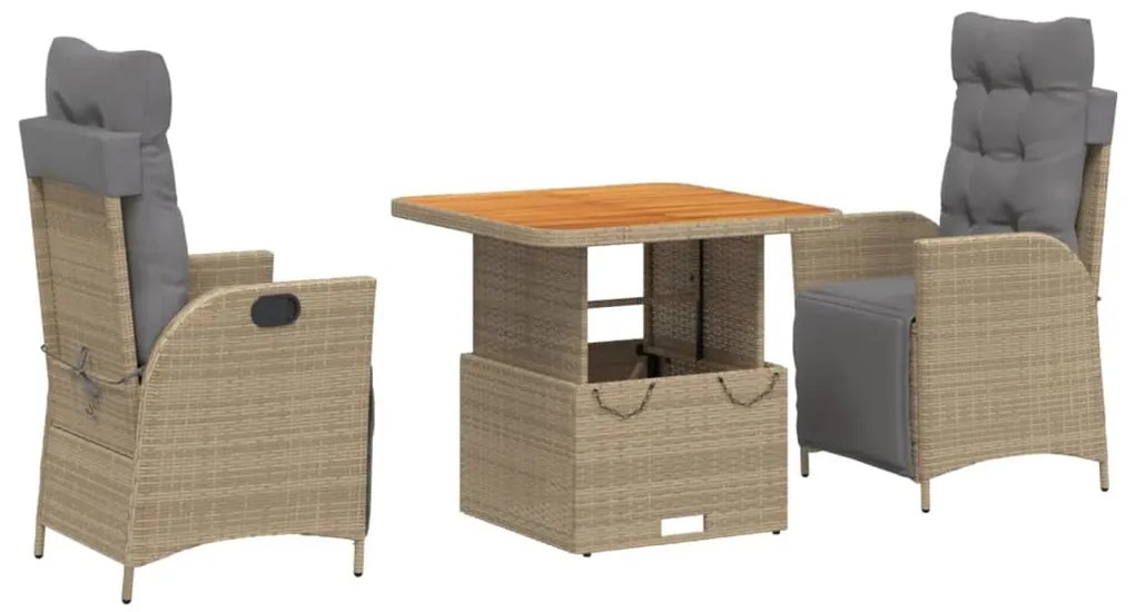 Set da pranzo da giardino 3 pz con cuscini beige in polyrattan
