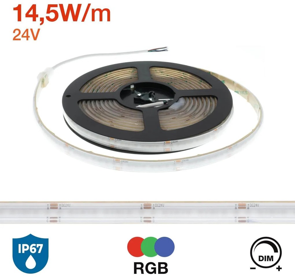 Striscia LED COB RGB 14.5W/m 24VDC IP67 5m Professional Colore RGB