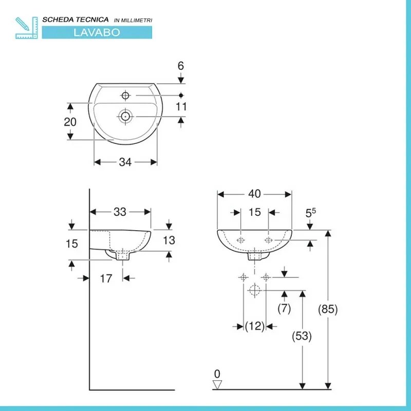 Lavabo sospeso 40 cm Geberit in ceramica lucida Colibrì