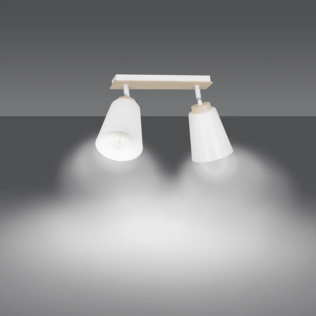 Plafoniera Spot Faretti Orientabili 2 Luci Xiwangmu Acciaio Bianco E Legno Naturale