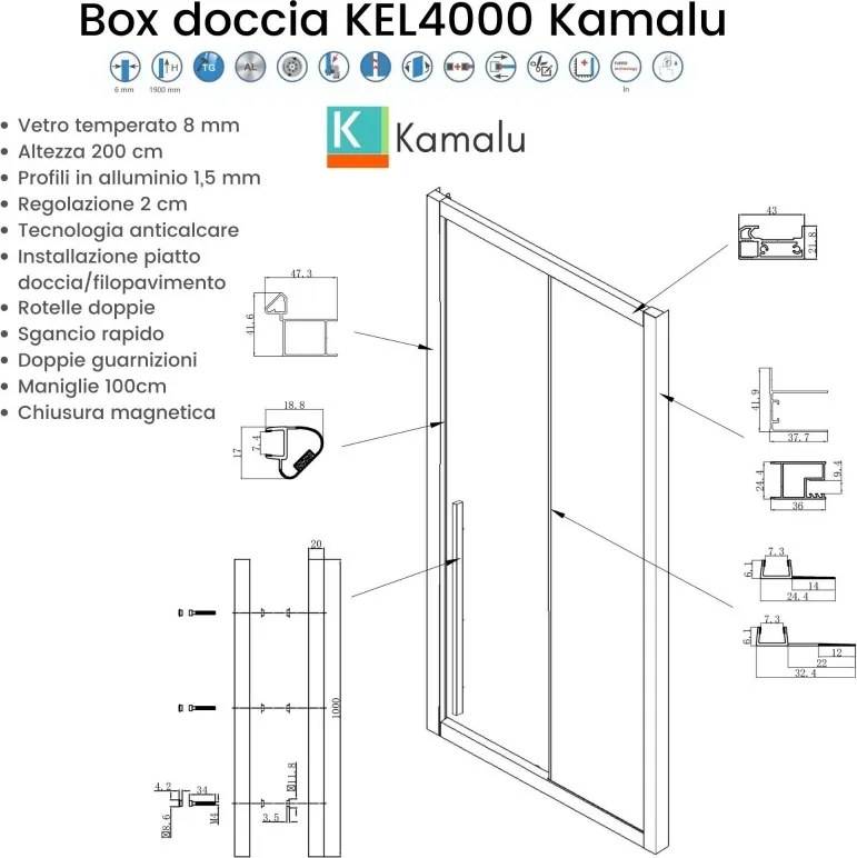 Kamalu - Box doccia 90x150 scorrevole vetro 8 mm anticalcare altezza h200 | KEL4000