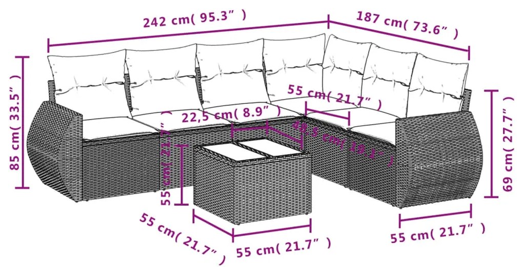 Set divani da giardino 7pz con cuscini grigio chiaro polyrattan