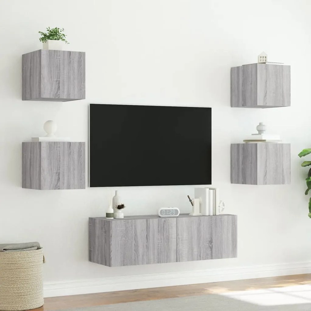 Mobili tv a muro 5pz con luci led grigio sonoma