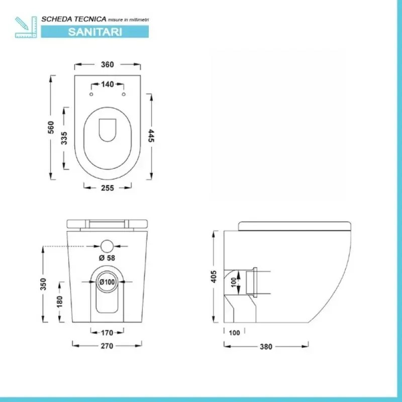 Wc filomuro Rimless in ceramica bianco lucido serie Tokyo