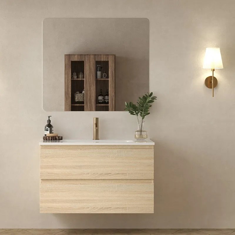 Mobile bagno 100 cm lavabo integrato legno chiaro | KAM-HR100 - KAMALU