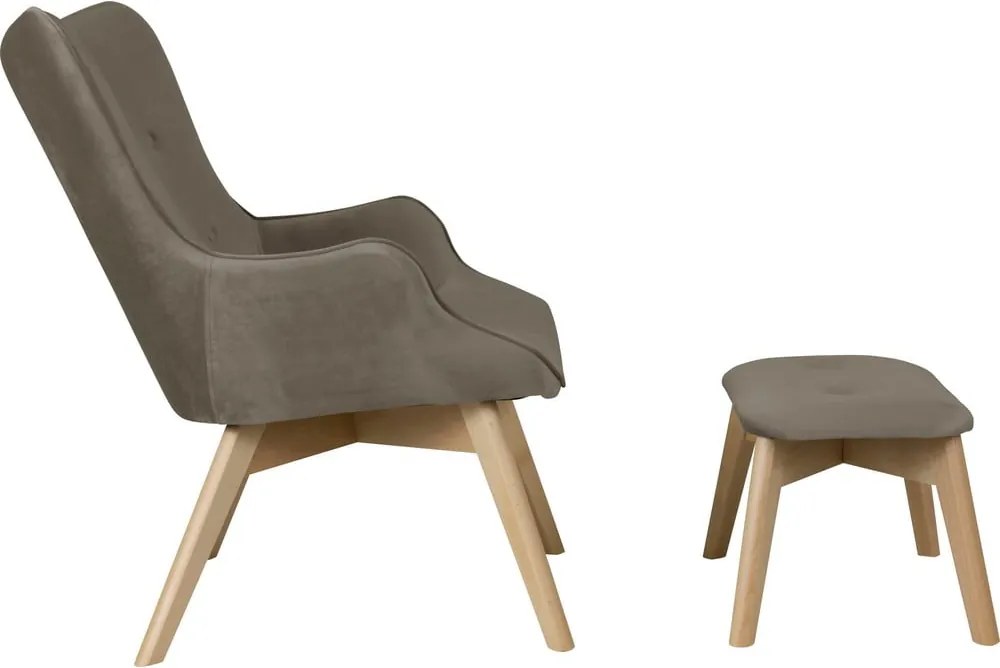 Poltrona con poggiapiedi marrone chiaro con rivestimento in velluto Niko – Ropez