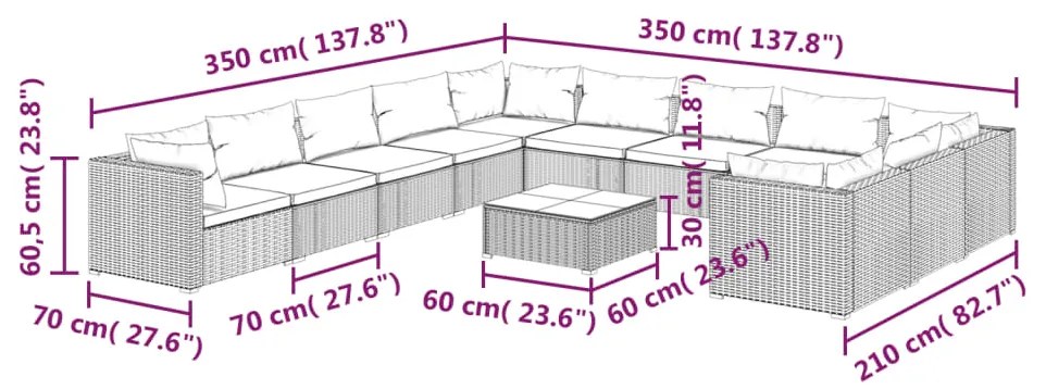 Set Divani da Giardino 12 pz con Cuscini in Polyrattan Marrone