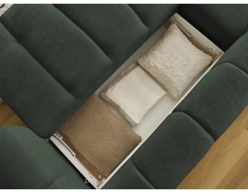 Divano angolare verde allungabile e con contenitore (penisola a sinistra/chaise lounge) con rivestimento in ciniglia Fuji – Bobochic Paris