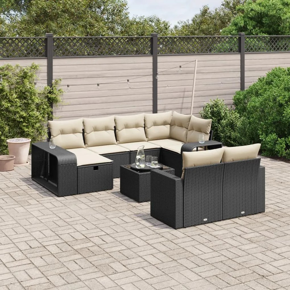 Set divani da giardino 11 pz con cuscini in polyrattan nero