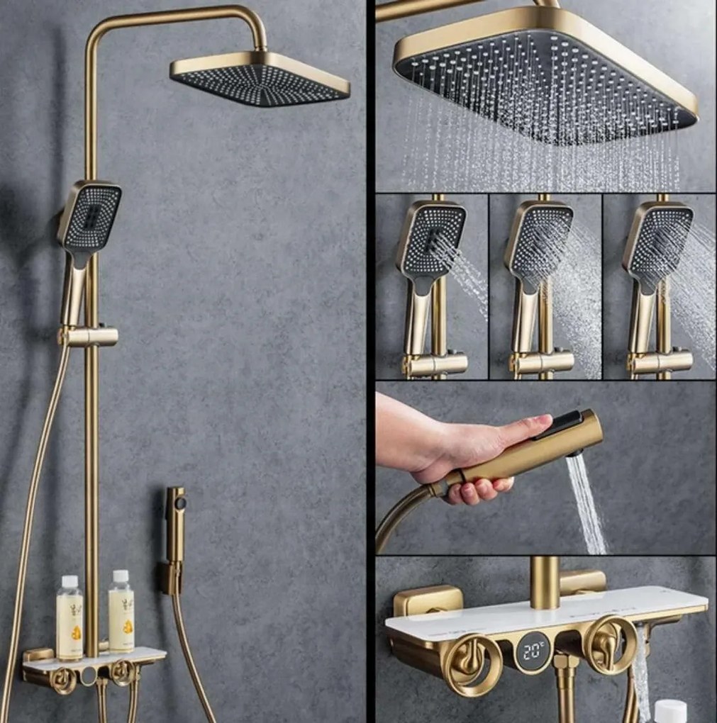 Sistema doccia esterno ELT1104 termostatico digitale a 4 uscite, grigio canna di fucile — Oro - bianco
