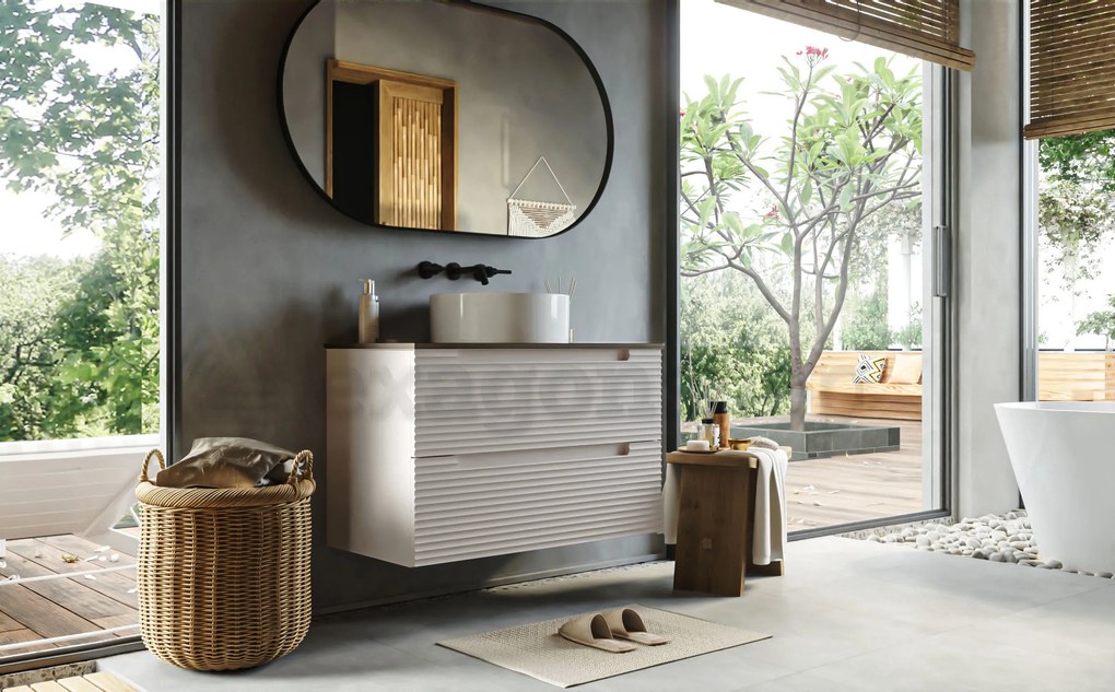 Mobile bagno canapa 80x45 Mango due cassetti soft close con top noce e lavabo tondo da appoggio in ceramica lucida