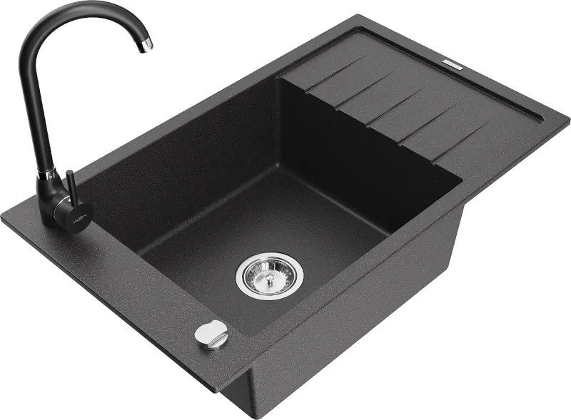 Mexen Elias lavello da cucina in granito con 1 vasca, sgocciolatoio e miscelatore Telma, nero maculato - 6511-76-670200-70