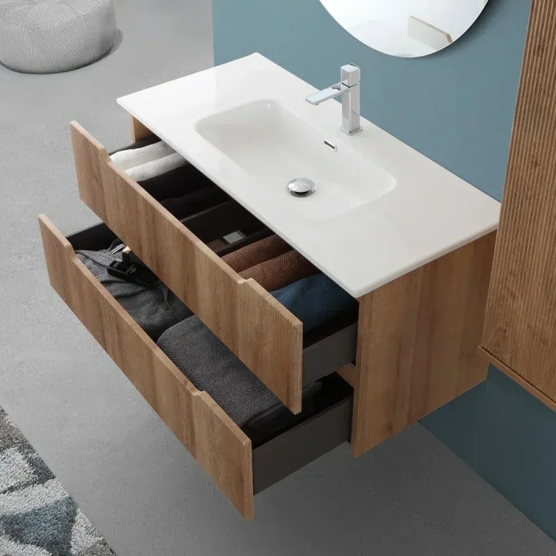 Mobile bagno sospeso 80 rovere cannettato doppi cassetto lavabo e specchio Wise