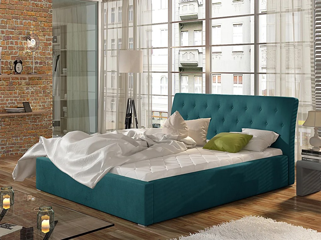 Letto matrimoniale con box contenitore Taiwan - 160 x 200 cm , Tessuto azzurro turchese