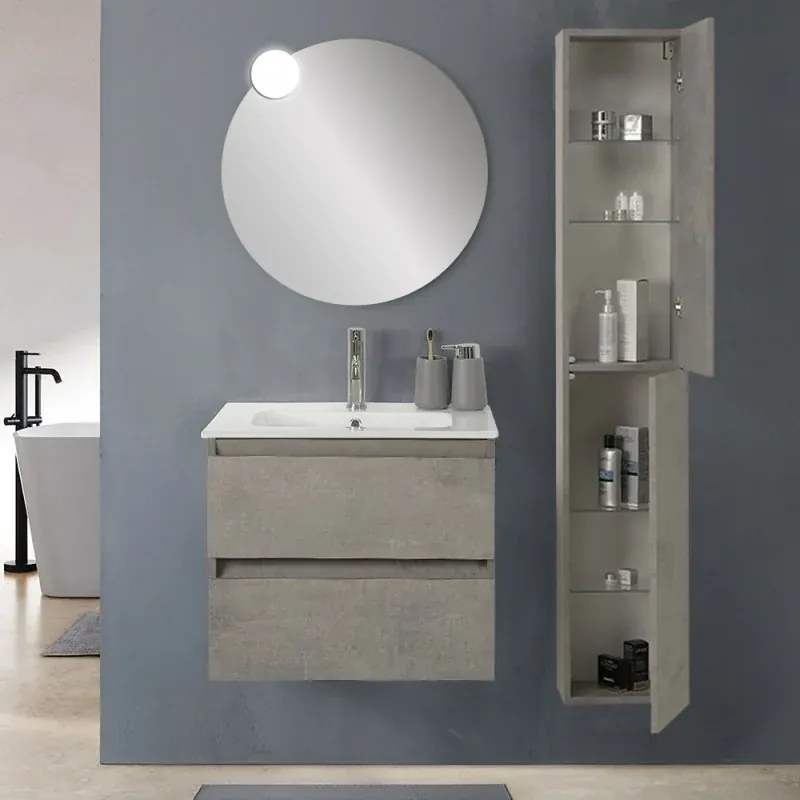 Colonna bagno sospesa H160 cm in legno grigio cemento con ripiani Leda