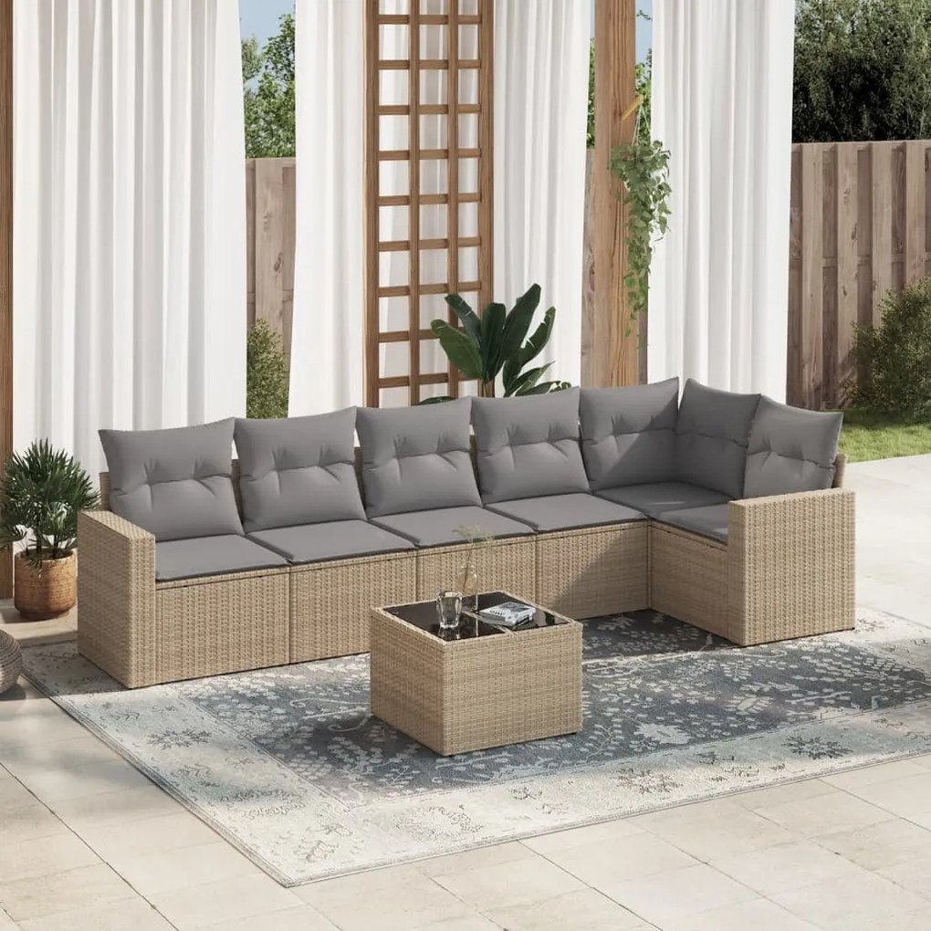 Set divani da giardino 7 pz con cuscini beige in polyrattan