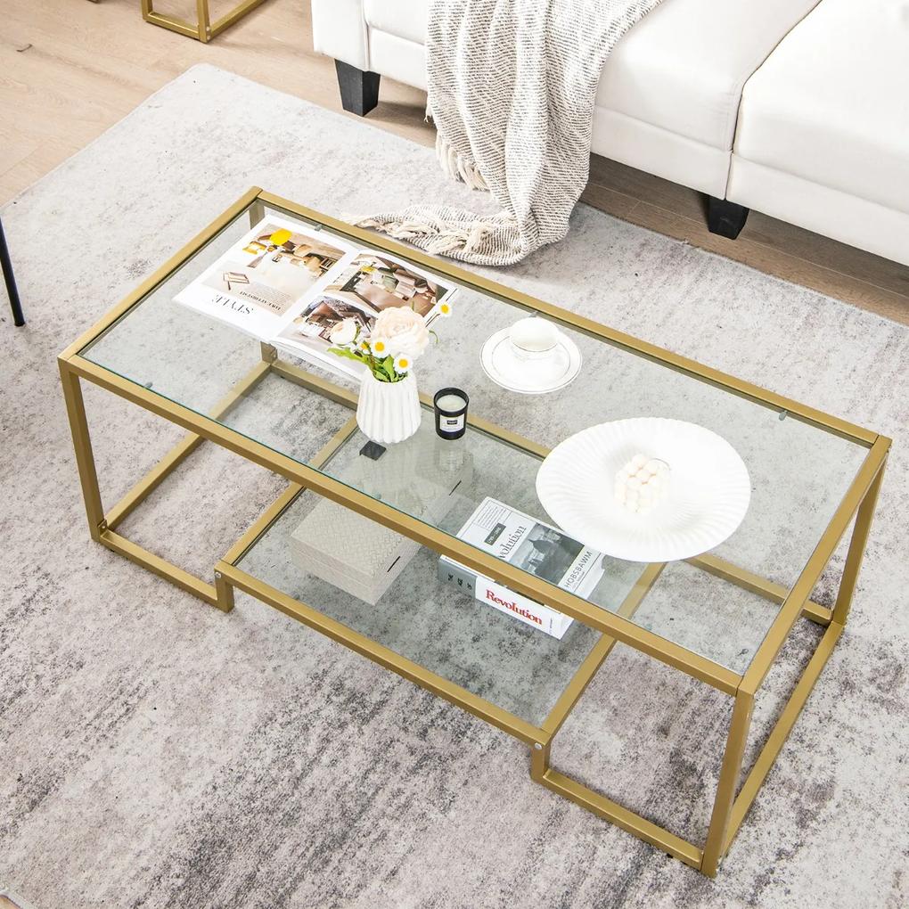 Costway Tavolino da salotto a 2 livelli con telaio in metallo, Tavolino rettangolare in vetro temperato da soggiorno Oro