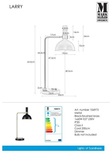Markslöjd 106973 - Lampada da tavolo dimmerabile LARRY 1xE27/60W/230V nero/oro
