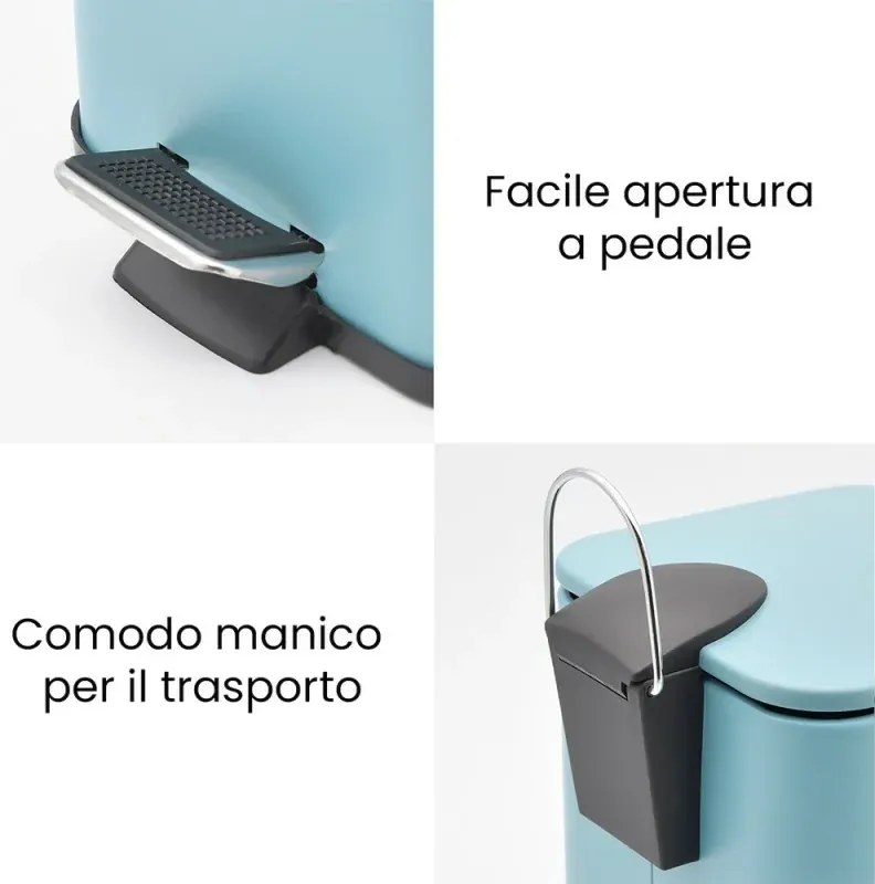 Pattumiera bagno 3lt in acciaio turchese pastello con secchio estraibile