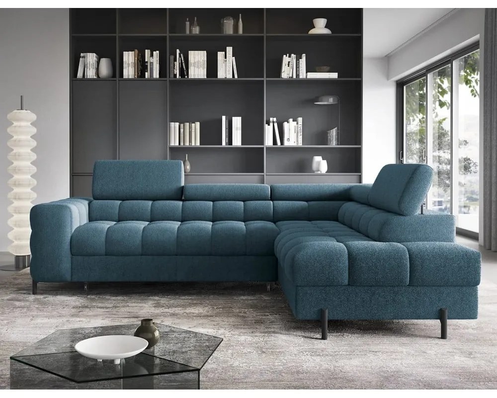 Divano angolare blu allungabile/con contenitore (con penisola a destra/a L) con rivestimento in bouclé Ferucce – ELTAP