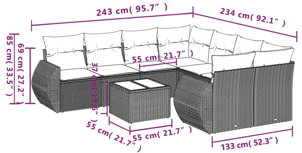 Set divano da giardino 9 pz con cuscini beige in polyrattan