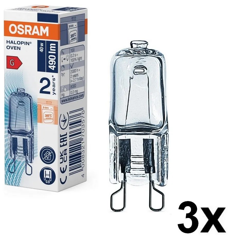Set da 3 lampadine alogene per forno HALOPIN G9/40W/230V 2700K - Osram